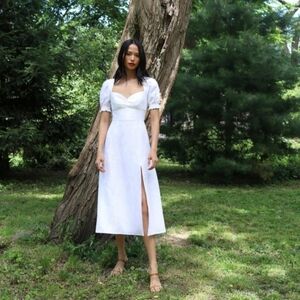 Reformation Windsor white linen midi dress with a slit